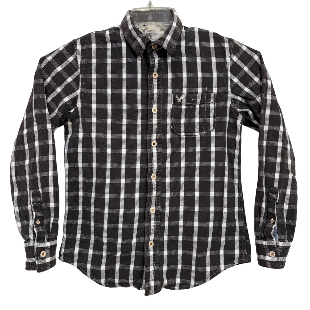 American Eagle Men's M Heavy Plaid Shirt Jacket Shacket Black White No77 Vintage